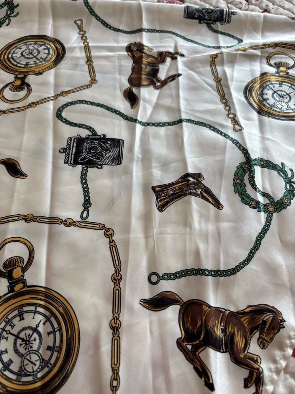 Vintage Triangular Silk-Feel Pocket Watch & Horse Print Scarf/Wrap-no tags